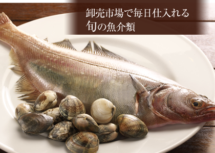 卸売市場で毎日仕入れる旬の魚介類